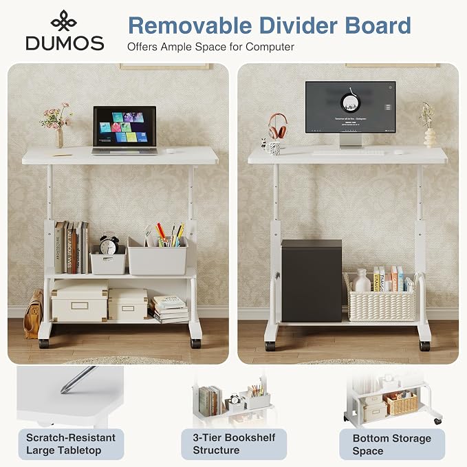 DUMOS 31.5" Mobile Rolling Desk with 2-Tier Storage Shelves, Height Adjustable Computer Desks on Wheels, Portable Rolling Laptop Table for Small Spaces & Home Office White