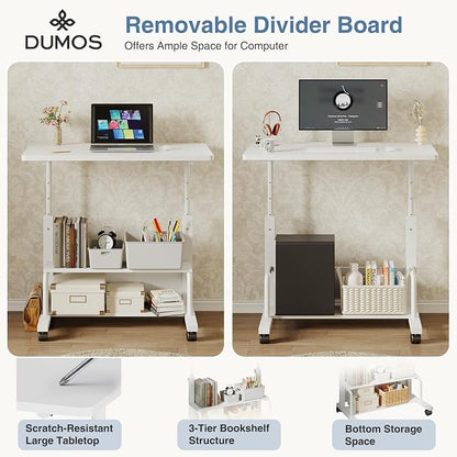 DUMOS 31.5" Mobile Rolling Desk with 2-Tier Storage Shelves, Height Adjustable Computer Desks on Wheels, Portable Rolling Laptop Table for Small Spaces & Home Office White