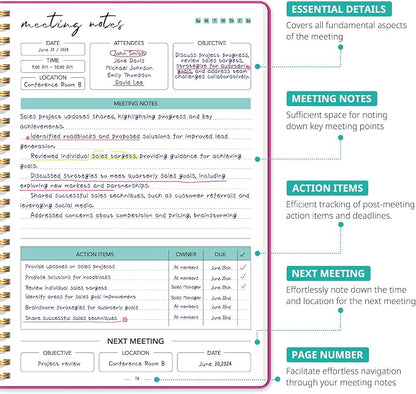 Meeting Notebook for Work Organization - Work notebook with action items, Meeting Minutes Planner Notebook, Perfect Office Supplies for Men & Women - Berry Pink