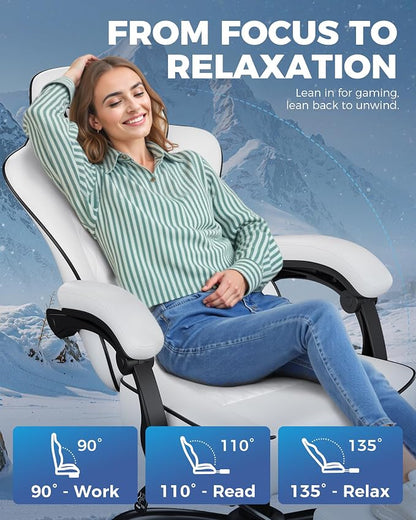 GTPLAYER Big and Tall Gaming Chair with Footrest, Ergonomic Office Desk Chair with 4.4in Thick Cushion and Wide Wingless Seat, Comfortable Leather Computer Chair, Predator Series, White