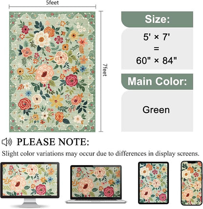 DUKINO 5x7 Area Rug, Floral Rugs for Living Room, Lightweight Non Slip Washable Rug, Indoor Low Pile & Non-Shedding Boho Design Rugs for Bedroom, Living Room, Dining Room, Green