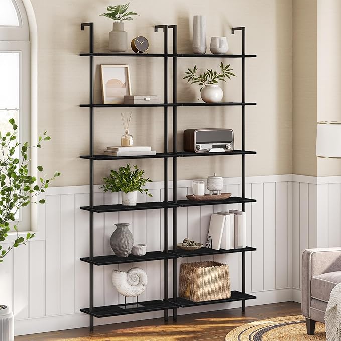 HOOBRO DIY Ladder Shelf, 6-Tier Wall Mounted Bookshelf, Office Vertical Bookcase, Wooden Storage Shelves for Home Office, Bedroom, Black BB65CJ01