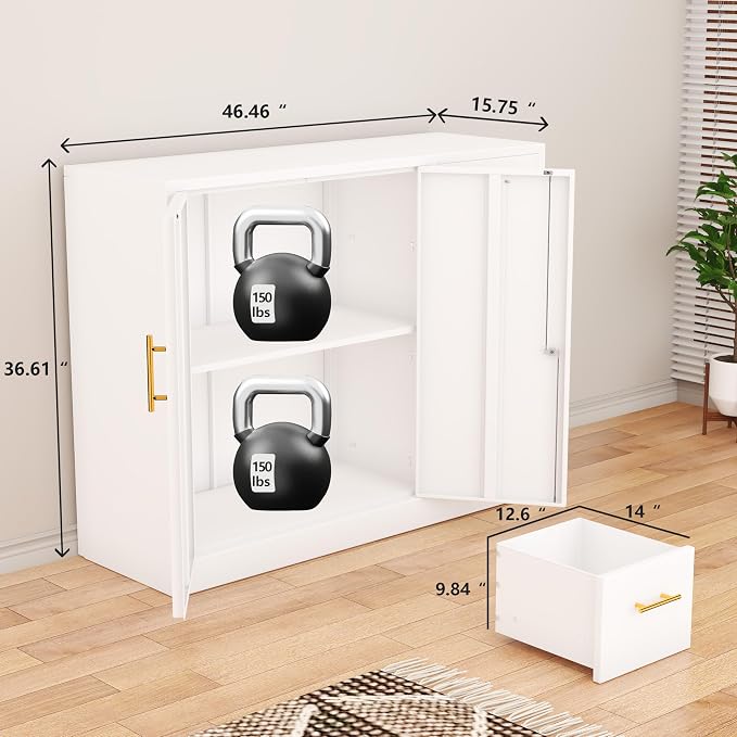 GAIOUS Metal Sideboard Buffet Cabinet, Storage Cabinets with 3 Drawers and Shelf, White Locking Steel File Storage Cabinet, Kitchen Cabinet Cupboard Pantry for Office Dining Living Room Kitchen Garage