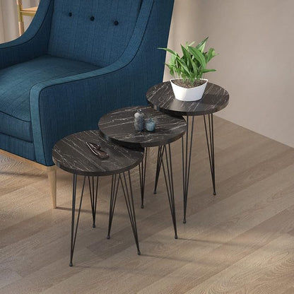 Set of 3 Nesting End Tables Round Wood Stacking Coffee Side Accent Sofa Table with Metal Legs for Living Room, Home Office, Nightstands for Bedroom (Black Marble)
