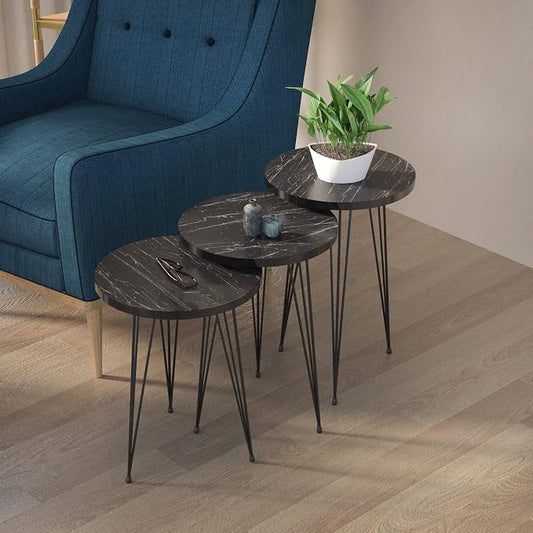 Set of 3 Nesting End Tables Round Wood Stacking Coffee Side Accent Sofa Table with Metal Legs for Living Room, Home Office, Nightstands for Bedroom (Black Marble)