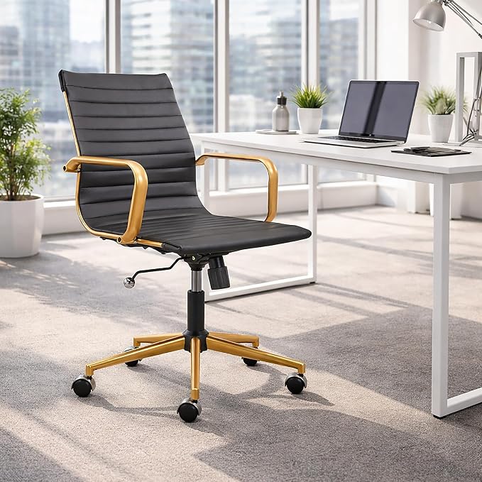 Black and Gold Office Chair with Arms, Faux Leather Ribbed Back, Adjustable Swivel Executive Chair for Home Office and Meeting Room