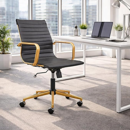Black and Gold Office Chair with Arms, Faux Leather Ribbed Back, Adjustable Swivel Executive Chair for Home Office and Meeting Room