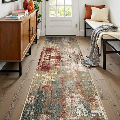 RELEANY Washable Area Rugs 2'x8' Non-Slip Modern Abstract Soft for Living Room Entryway Bedroom Kitchen, Print Pattern, Brown Rust Red Green Blue Multi