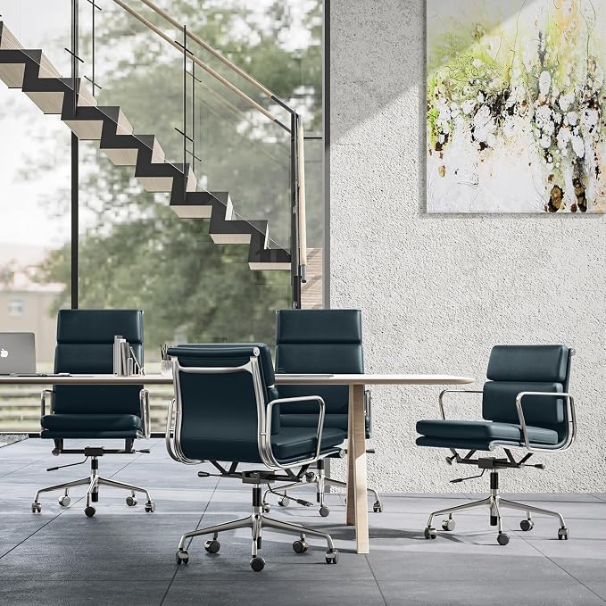 Mid-Back Genuine Leather Office Chair, Padded Executive Desk Chair with Aluminum Arms and Base, Swivel Wheels with Lumbar Support & Tilting Function, Hight Adjustable, Silent Weheels, Dark Blue