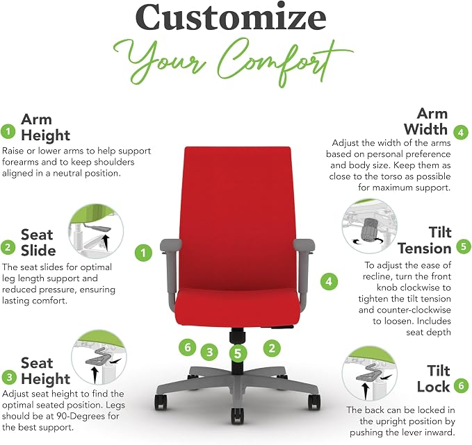 HON Ignition 2.0 Ergonomic Office Chair with Adjustable Arms, Standard Synchro‑Tilt Recline, Upholstered Desk and Computer Chair for Home Office or Workstation, Titanium Frame, Ruby
