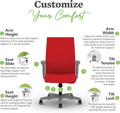 HON Ignition 2.0 Ergonomic Office Chair with Adjustable Arms, Standard Synchro‑Tilt Recline, Upholstered Desk and Computer Chair for Home Office or Workstation, Titanium Frame, Ruby