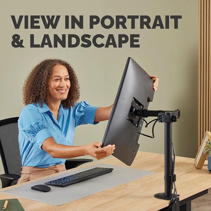 Fellowes Everyday Adjustable Single Monitor Arm – Supports Screens up to 32" Weighing 19.84 lbs, Tilt, Swivel, Rotate, VESA 75/100, Clamp or Grommet Mount, Cable Management