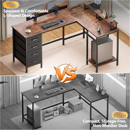 Korfile 59 inch L Shaped Computer Desk with Power Outlets, Home Office Desk with 4 Adjustable Storage Drawers & 2 Monitor Stands, Two Person Gaming Table for Bedroom, Rustic Brown