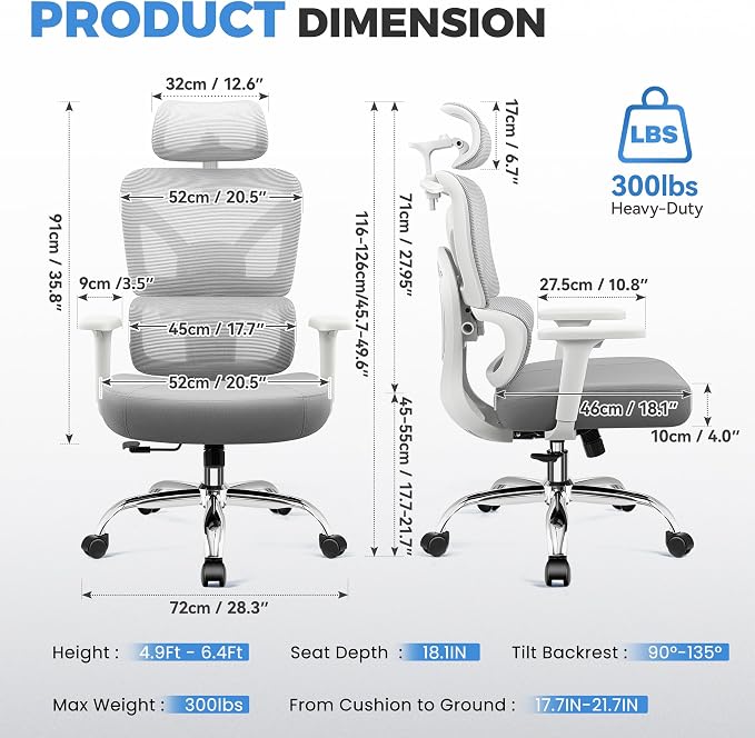 Office Chair, Ergonomic Office Desk Chair with Lumbar Support, Breathable Mesh Back & Thick Seat Cushion, High Back Office Desk Chairs Comfy for Home Office, Gray, Upgrade