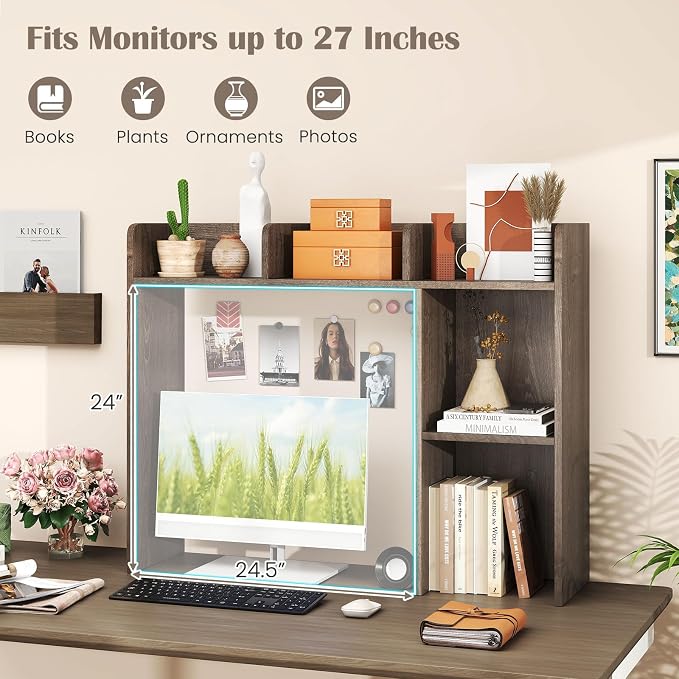 LDAILY Desktop Shelf, Multipurpose Wood Desk Hutch for Max 27" Computer Monitor, Countertop Storage Hutch with 5 Shelves, 3 Tier Desktop Display Rack for Dorm Office Home (Grey Oak)