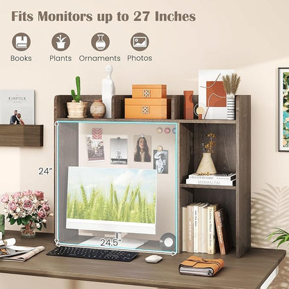LDAILY Desktop Shelf, Multipurpose Wood Desk Hutch for Max 27" Computer Monitor, Countertop Storage Hutch with 5 Shelves, 3 Tier Desktop Display Rack for Dorm Office Home (Grey Oak)