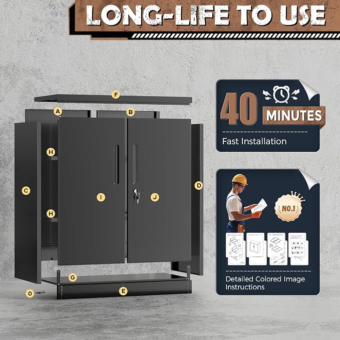 INTERGREAT Steel Storage Cabinet with Lock, Lockable Metal Storage Cabinets with 2 Adjustable Shelves, Black Counter Height Garage Cabinet