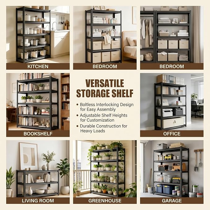4 Tier Metal Bookshelf, Adjustable Tall Bookcase, Heavy Duty 2400 LBS Modern Deep Book Shelf, Bolt-Free Storage Shelves for Living Room, Home Office, Garage, 23.6" Wx 11.8" Dx 44.1" H