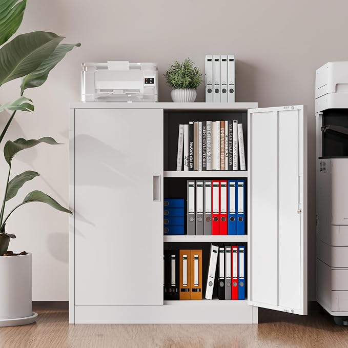 Metal Storage Cabinet, 36" H Locking Storage Cabinet, Metal Storage Cabinet with Locking Doors for Home, School, Office, Garage, White