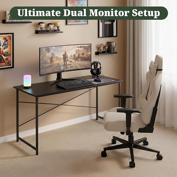 Computer Desk 55 Inch, Simple Home Office Desk Study Writing Table, Sturdy Metal Frame, Scratch-Resistant MDF Desktop for Bedroom Dorm Workspace, Black
