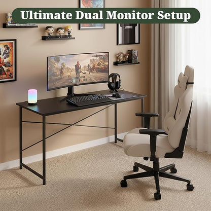Computer Desk 55 Inch, Simple Home Office Desk Study Writing Table, Sturdy Metal Frame, Scratch-Resistant MDF Desktop for Bedroom Dorm Workspace, Black