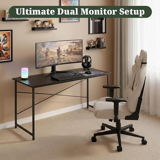 Computer Desk 55 Inch, Simple Home Office Desk Study Writing Table, Sturdy Metal Frame, Scratch-Resistant MDF Desktop for Bedroom Dorm Workspace, Black