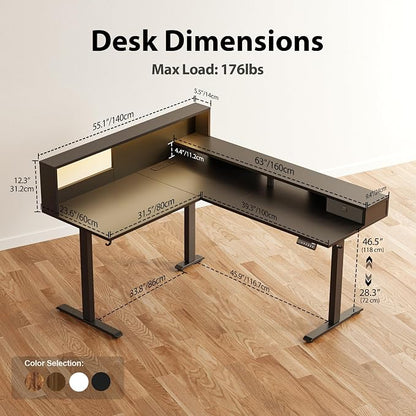 Agilestic L-Shaped Electric Standing Desk, 63x55 Inch Ergonomic Adjustable Height Desk with Storage, Stand Up Corner Desk Sit Stand Computer Table Power Outlet & LED Lights, Office Table, Black