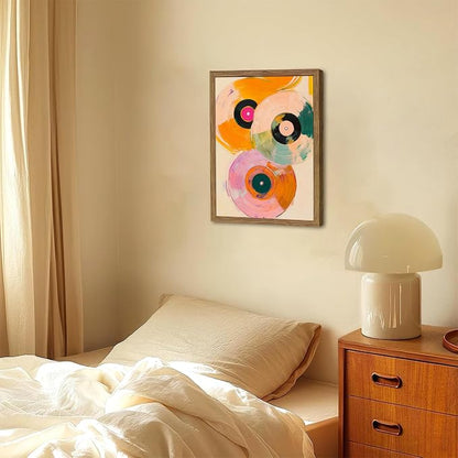 Vintage Vinyl Record Wall Art - Framed Canvas Music Decor for Living Room & Studio, Colorful Abstract Oil Painting in Wood Frame, Retro Record Player Print for Bedroom 12x16 inch