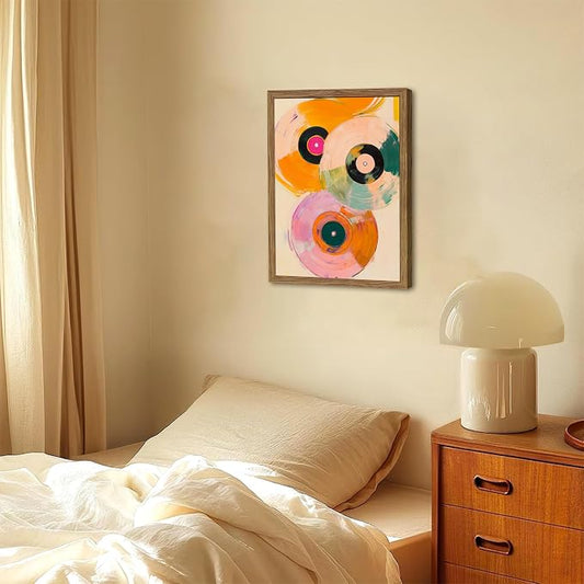 Vintage Vinyl Record Wall Art - Framed Canvas Music Decor for Living Room & Studio, Colorful Abstract Oil Painting in Wood Frame, Retro Record Player Print for Bedroom 12x16 inch