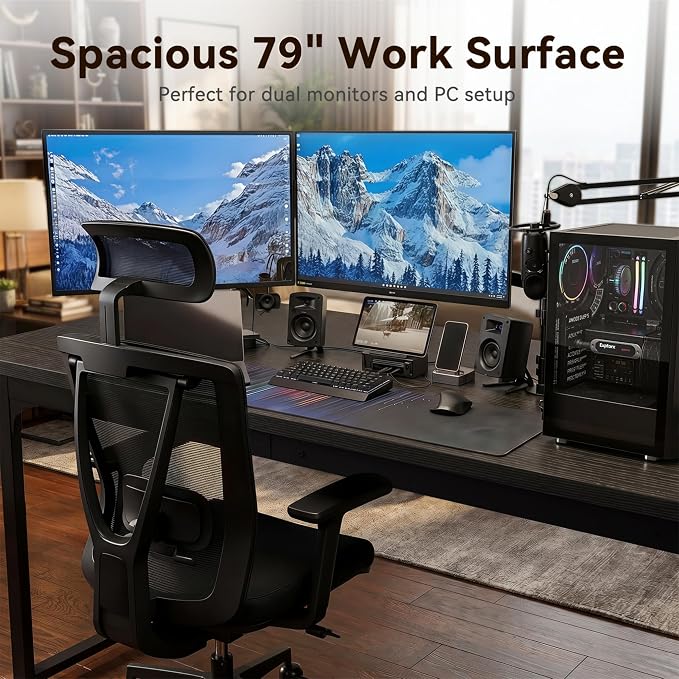 Coleshome 79 Inch Large Computer Desk with Power Outlet, Extra Long Desk for Home Office & Gaming, Spacious Writing Table for Study and Crafting, Black