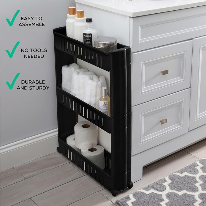 Simplify 3 Tier Slim Slide Out Storage Cart | Multi-Purpose Organization | Rolling | Wheels | Small Space | Laundry Room | Kitchen | Bathroom | Office | Matte Black
