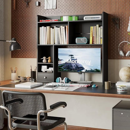 ChooChoo Desktop Bookshelf, 36.4" Tall Countertop Desk Hutch with 5 Shelves and 1 Drawer for Computer Desk, Desk Shelf Organizer for Dorm Office Home,Black