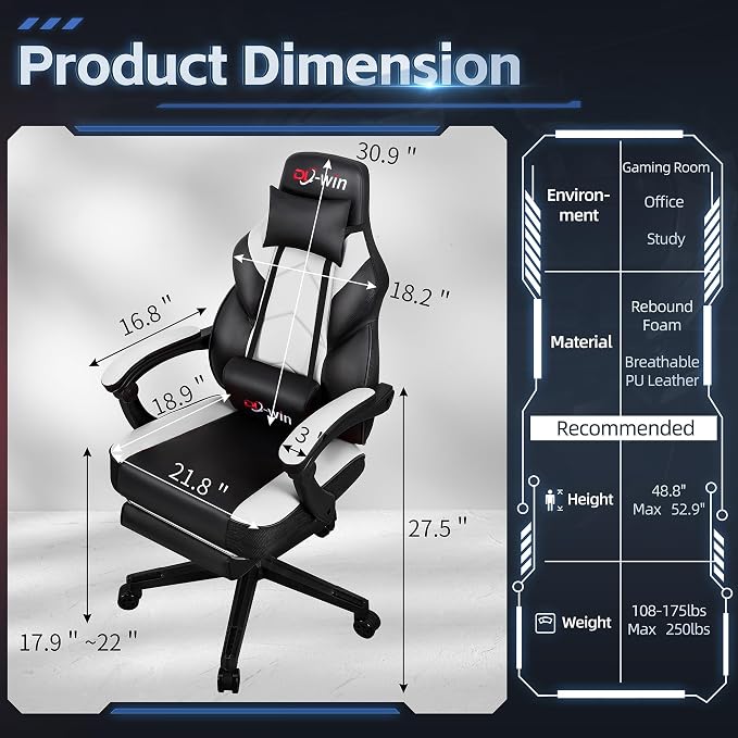 DL-win Video Gaming Chair for Adults, Computer Chair with Footrest and Ergonomic High Back, Big and Tall Gamer Chair with Massage Lumbar Support, 360° Swivel Height Adjustable Computer Chair, White