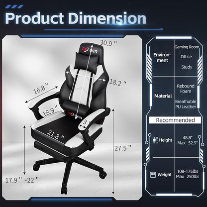 DL-win Video Gaming Chair for Adults, Computer Chair with Footrest and Ergonomic High Back, Big and Tall Gamer Chair with Massage Lumbar Support, 360° Swivel Height Adjustable Computer Chair, White