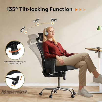 DEVAISE Ergonomic Mesh Office Chair with Adjustable 3D Headrest and Tilt Function, Big and Tall Reclining Comfy Home Computer Desk Chair with Lumbar Support and 3D Armrests, Black