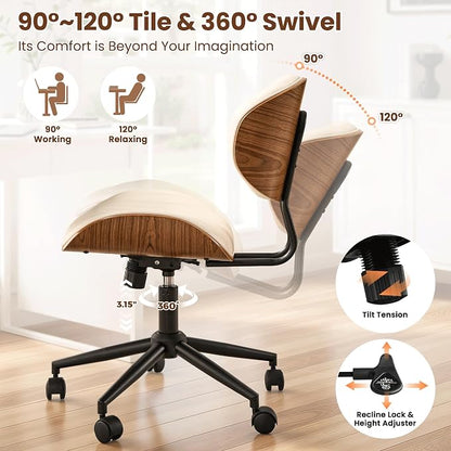 ovios Home Office Chair with Wheels, Modern PU Leather Swivel Computer Desk Chair, Mid Back Adjustable Height Armless Walnut Chairs for Office (White Stripes)