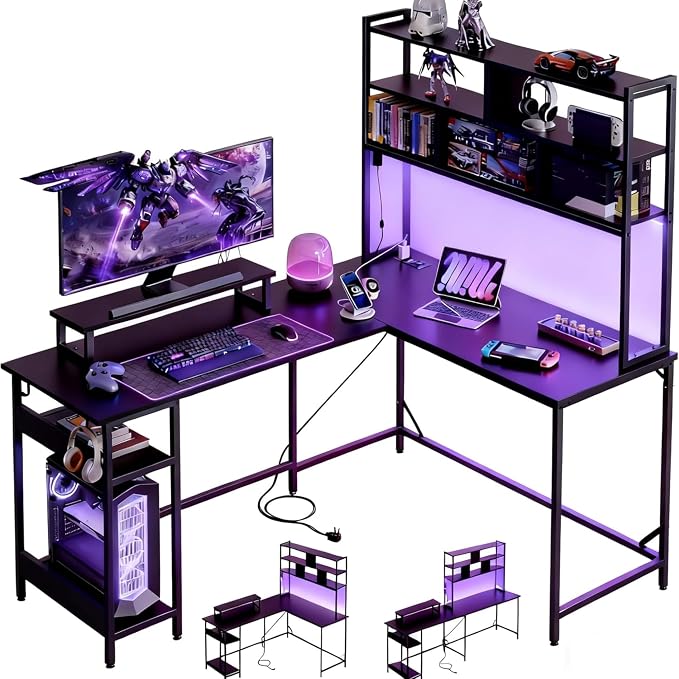 DEVAISE 60 Inch L Shaped Gaming Desk with Drawers and Storage, Corner Desk with LED Lights, Power Outlets, Computer Desk with Monitor Stand, Office Desk for Home, with Hutch, Black