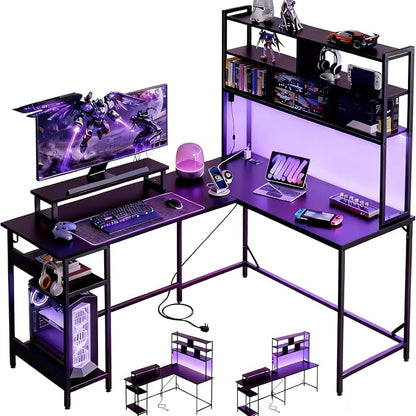 DEVAISE 60 Inch L Shaped Gaming Desk with Drawers and Storage, Corner Desk with LED Lights, Power Outlets, Computer Desk with Monitor Stand, Office Desk for Home, with Hutch, Black