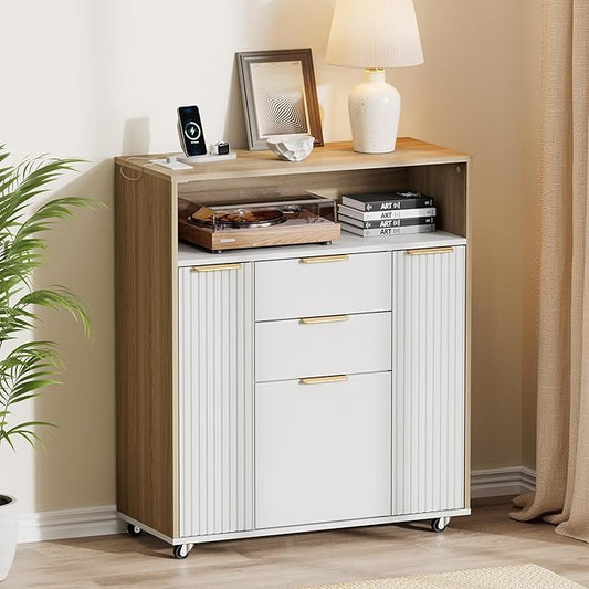 ModernMate Fluted Mobile Office File Cabinet with 3 Drawers, 37" Rolling Storage Cabinet with Charging Station, Small Printer Stand for Home Office, Light Walnut