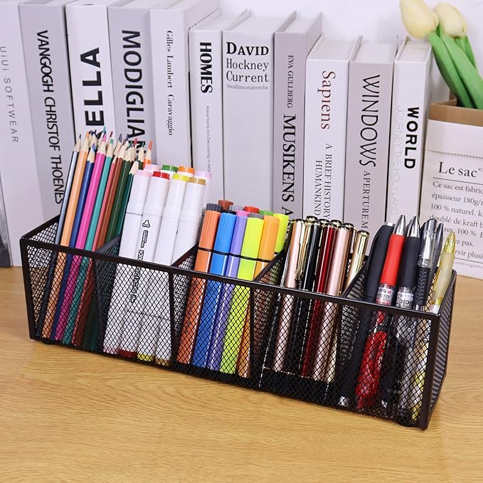 2PCS Black Mesh Pen Pencil Holder, Small Metal Desk Organizer Desktop Stationery Office Supplies Acessories Storage Stand, 5 Compartments Brushes Holder for Home School Classroom Teachers
