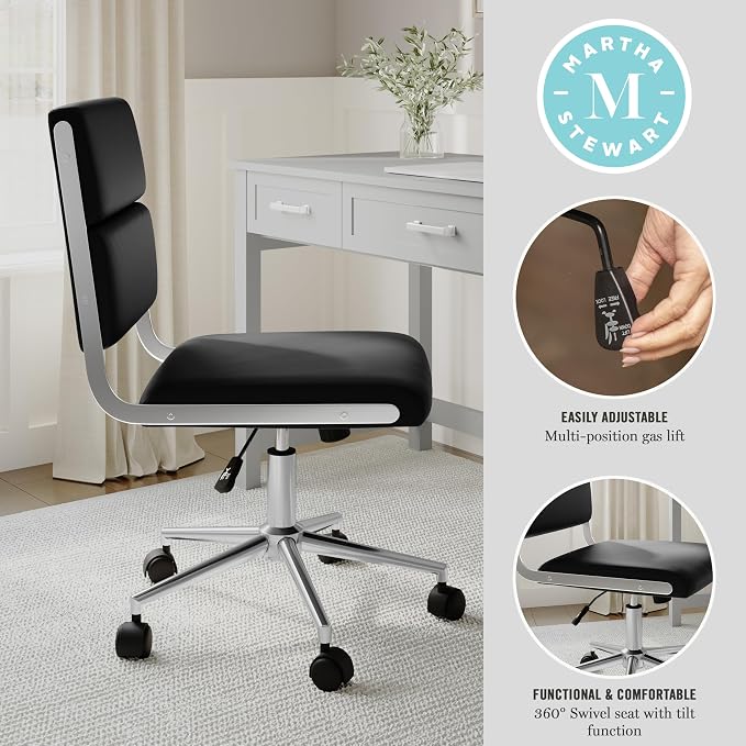 Martha Stewart Lulu Swivel Task Chair with Height Adjustable Seat for Home Office in Black Faux Leather with Polished Nickel Frame