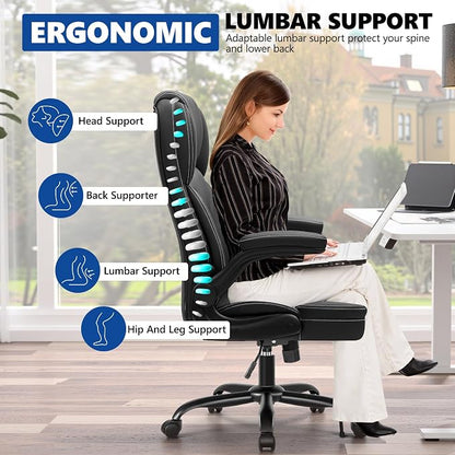 PU Leather Office Chair, Ergonomic High-Back Desk Computer & Gaming Chair with Adjustable Height, Rolling Swivel & Flip-Up Armrests, Comfy Padded Seat for Home Office-Black