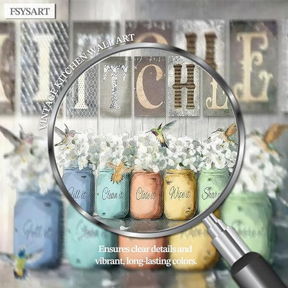 Framed Vintage Kitchen Canvas Wall Art, Retro Letter Signs with Colorful Jars, Florals and Birds Prints, Rustic Farmhouse Wood Grain Poster, Cottagecore Wall Decor for Kitchen Dining Room, 16x24in