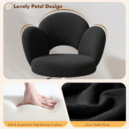 Homkdom Desk Chair with Wheels, 3.94" Thick Comfy Petal Vanity Chair, Swivel Armless Chair with Open Back and Adjustable Height, Ideal for Makeup Study Work and Relaxation, Black