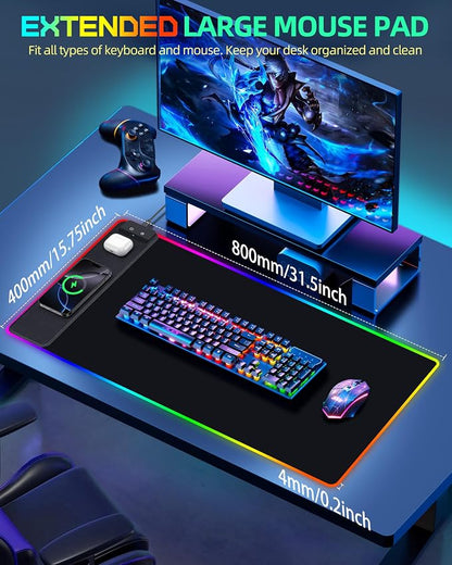 Mouse Pad with Wireless Charger, RGB Gaming Mousepad, 31.5"x15.7" Extra Large Desk Mat, 13 Light Modes, Ultra-Smooth Surface, Non-Slip Base, Waterproof Computer Keyboard Pad, Black with PD Adapter