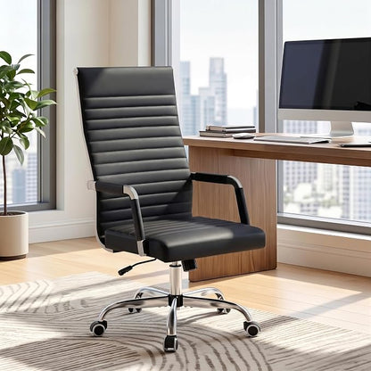 Furmax Ribbed Office Chair High Back PU Leather Executive Conference Chair Adjustable Swivel Chair with Arms, Black