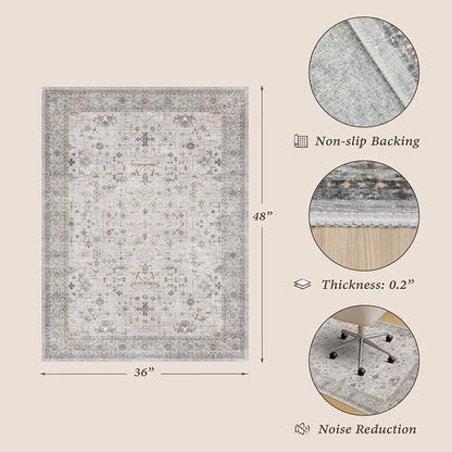 Light Gray 3x4 Office Chair Mat for Hard Wood & Tile Floor, Boho Low Pile Carpet Floor Protector for Rolling Chair, Machine Washable Under Desk Rug, Non Slip Rubber Backing