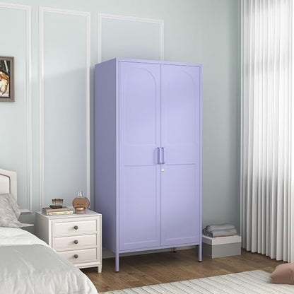 Lockable Metal Wardrobe Closet with Hanging Rod and 3 Adjustable Shelves,67" Metal Storage Cabinet with 2 Doors,Steel Armoire Wardrobe Closet for Bedroom Living Room Cloak Room (Purple)