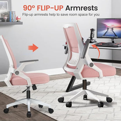 GTPLAYER Ergonomic Office Chair with Flip-up Armrests Executive Computer Chair for Home Office, Breathable Mesh & Comfy Lumbar Support, Pink