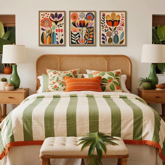 Framed Colorful Floral Wall Art Set of 3, Abstract Scandinavian Flower Canvas Wall Decor Paintings, Mid Century Modern Botanical Artwork Pictures Prints for Living Room Bedroom Dining Room 16x24 Inch